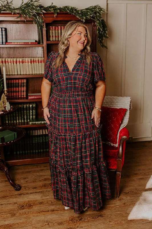 Plus size dresses with unique necklines add flair -Plus size dresses for a chic and comfortable wedding guest outfit -Polished Perfection Plaid Maxi Dress in Navy Curves