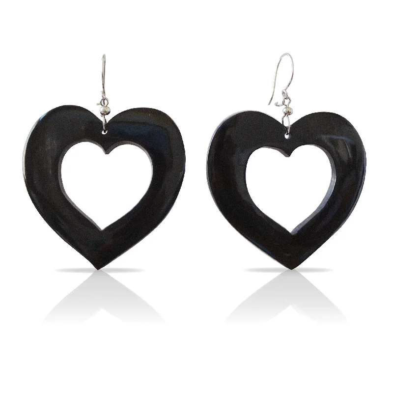 Large Drop Earrings for Statement -Bull Horn Black Hearts Earrings