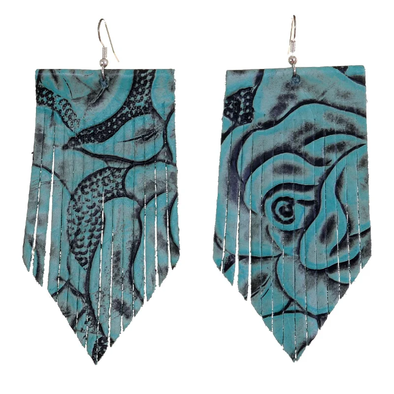 Drop Earrings with Infinity Symbols -VE50 - Vestige Turquoise Antique Rose Leather V Fringe Earrings