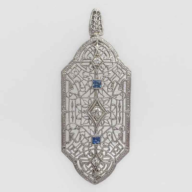 Beautiful necklaces and pendants with moon and star charms for a dreamy effect-Antique Victorian 14k White Gold Diamond Sapphire Filigree Pin / Pendant 0.21ctw