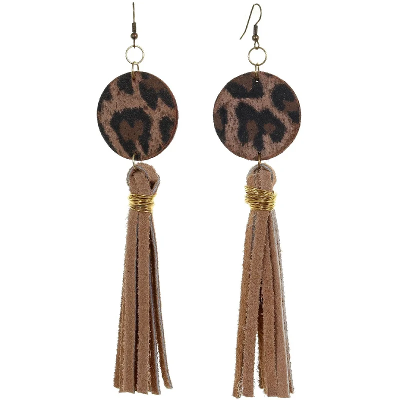 Large Drop Earrings for Statement -VE38 -  Leopard Suede & Toast Suede Tassel Earrings