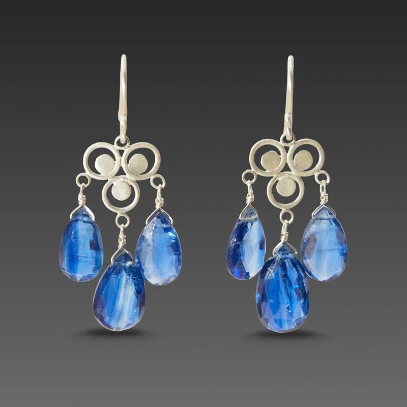 Drop Earrings for Anniversary -NEW! Sterling Silver Filigree 3 Kyanite Drop Earrings by Ananda Khalsa