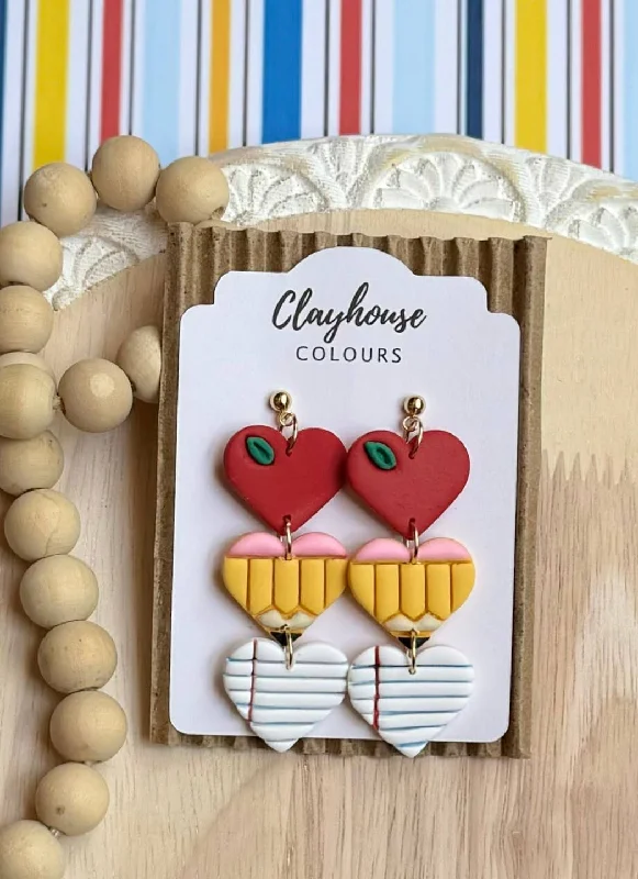 Drop Earrings for Christmas Party -Apple & Pencil Teacher Clay Earrings