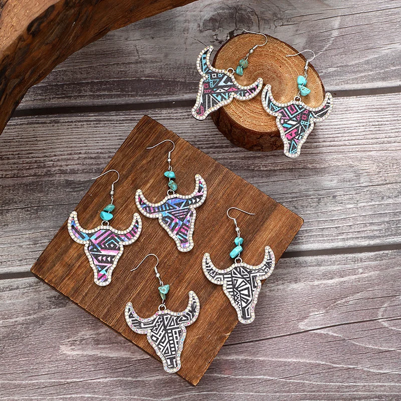 Gemstone and Diamond Drop Earrings for Opulence -Wholesale Western Cowboy Style Bull Head Color Leather Diamond Retro Earrings