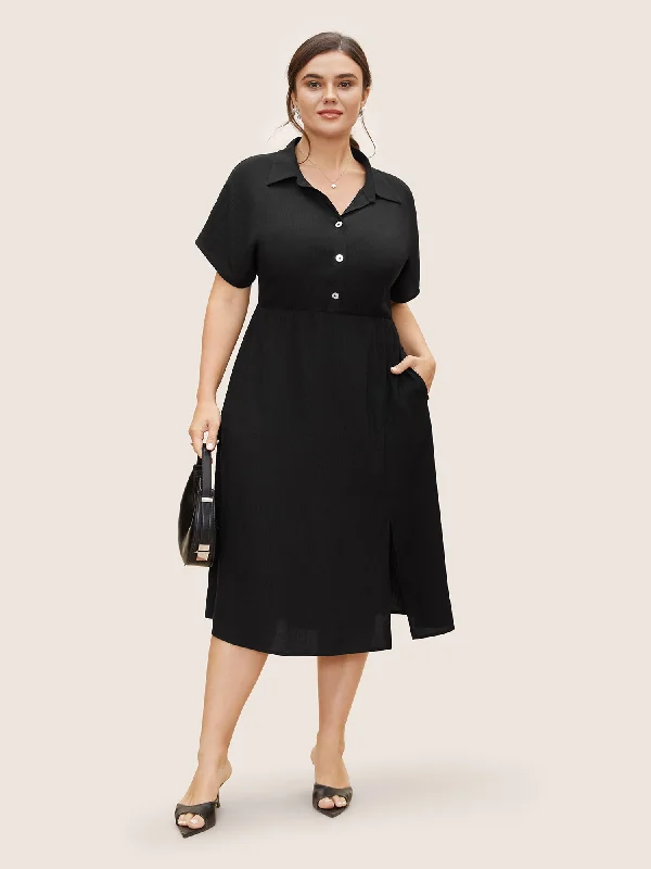 Plus size dresses for power dressing empower daily -Elegant plus size dresses with beadwork for formal events -Shirt Collar Button Detail Split Front Dress