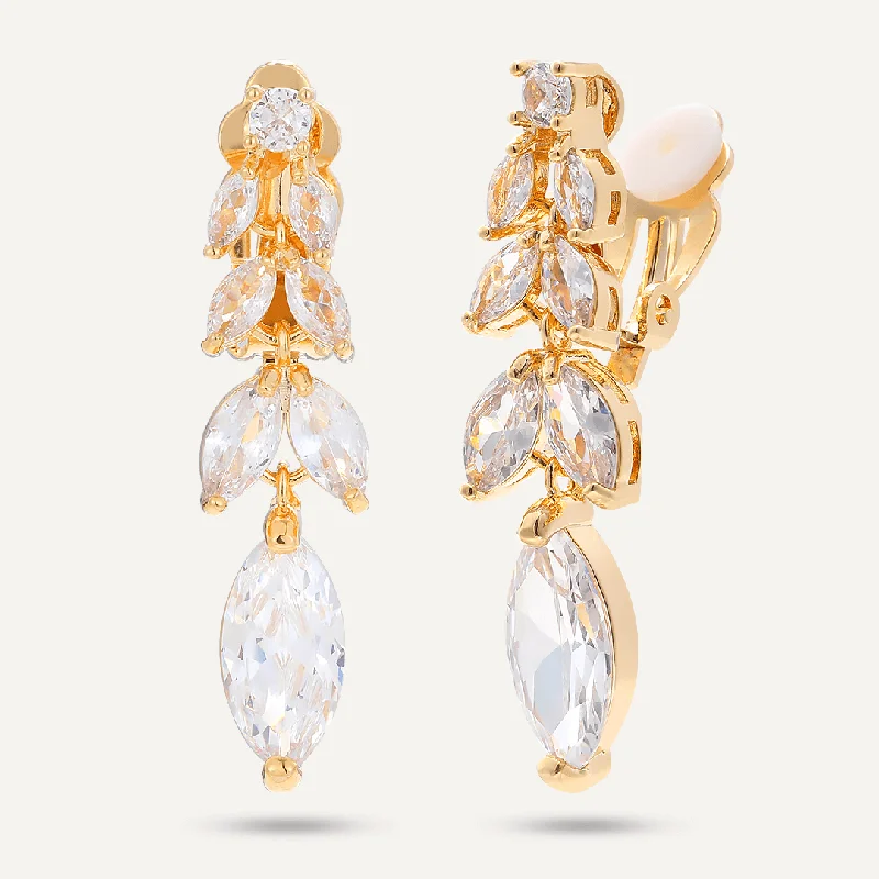 Indian Drop Earrings with Intricacy -Floral Crystal Clip On Drop Earrings In Gold-Tone