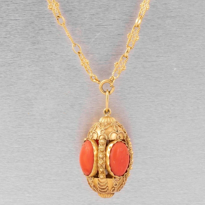 Necklaces and pendants with celestial starburst designs for a radiant look-Antique Victorian Etruscan Revival 18k Yellow Gold Coral Pendant Necklace 36.5"