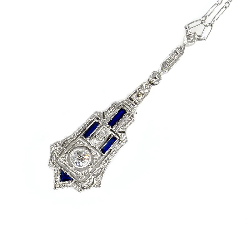 Beautiful necklaces and pendants with diamond halo settings for extra brilliance-French Art Deco LAVALIERE DIAMOND SAPPHIRE Drop Pendant Necklace