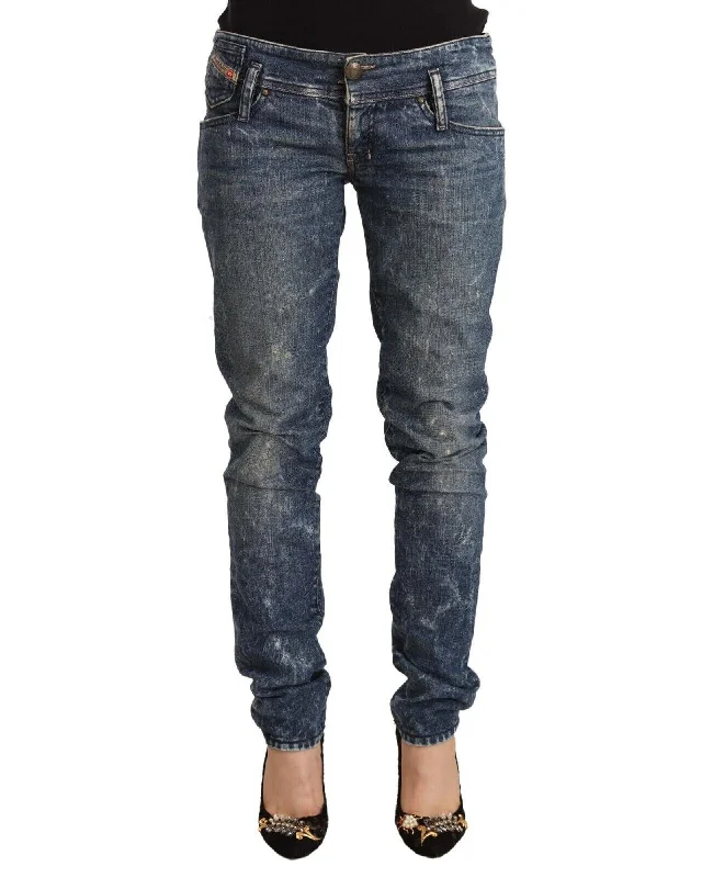 Gym Jeans for Workout -Distressed Low Waist Denim Skinny Jeans with Logo Details