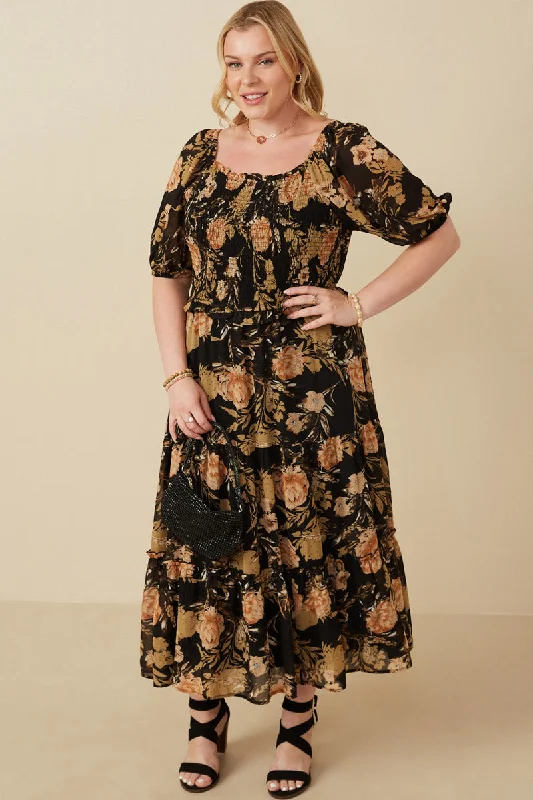 Plus size dresses with high waists define curves -Plus size dresses for a chic and comfortable wedding guest outfit -Antique Floral Smocked Puff Sleeve Dress