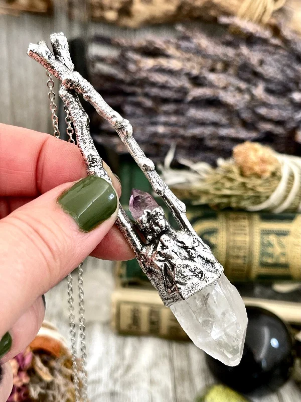 Beautiful necklaces and pendants with geometric shapes for a modern, artistic design-Sticks & Stones Collection - Raw Clear Quartz and Amethyst Crystal Necklace in Fine Silver