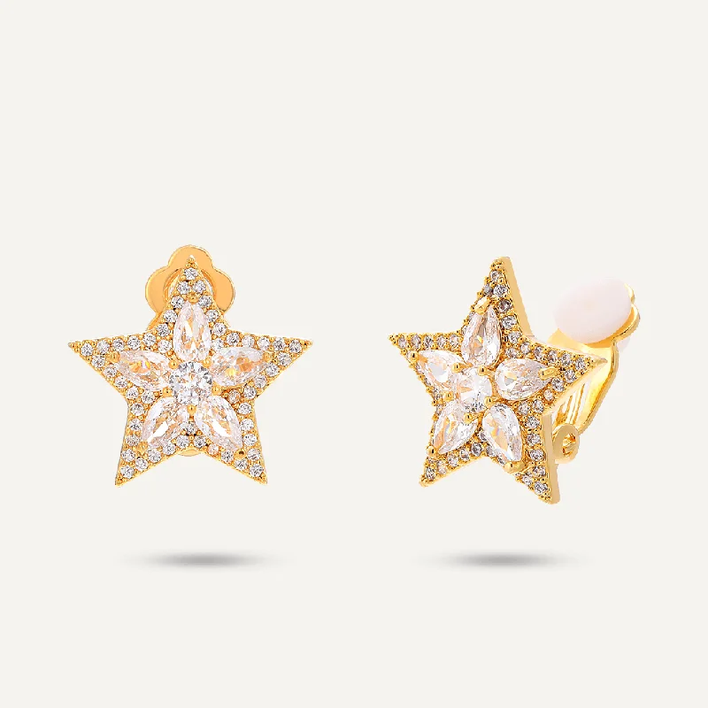 Drop Earrings with Floral Motifs -Star Clip On Earrings In Gold-Tone