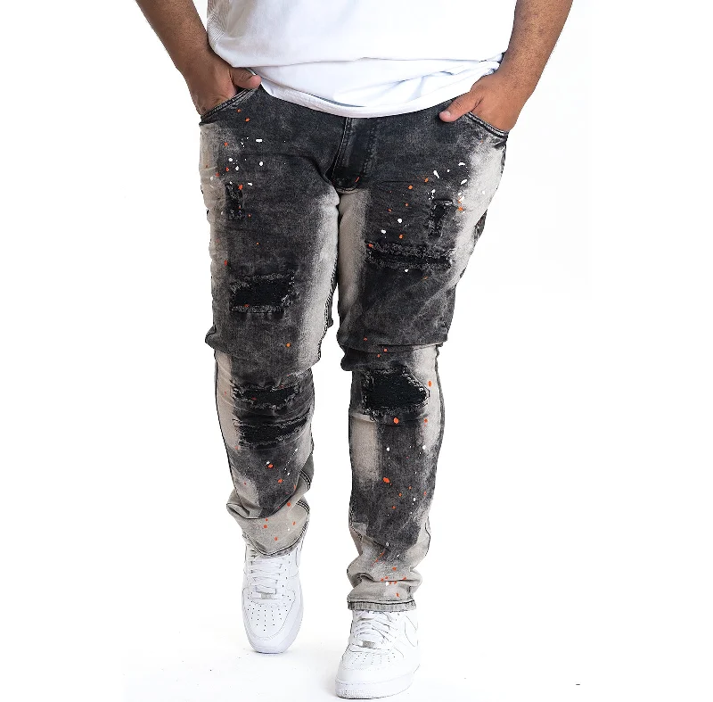 Belt Loops Jeans for Accessorizing -M1725 Shredded Denim Jeans with Paint Splashes - Black