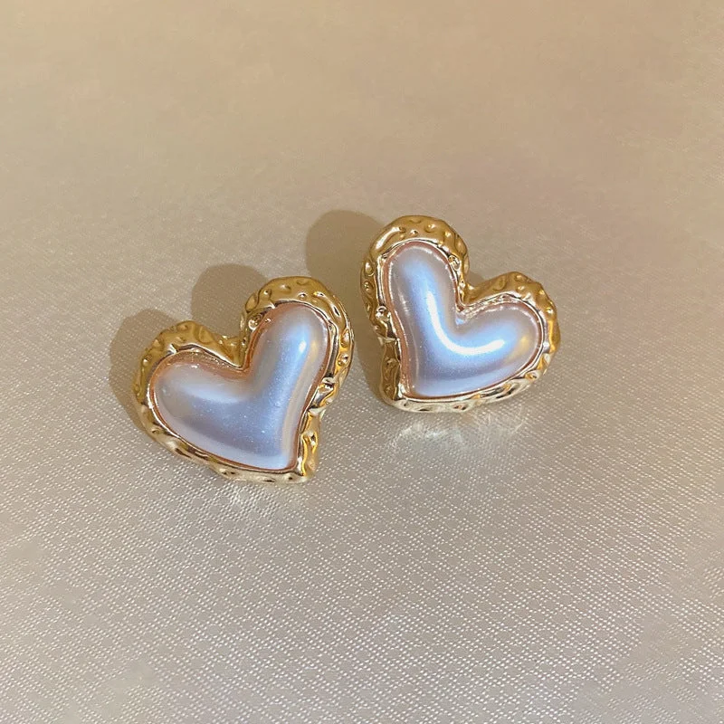 Heavy Duty Drop Earrings for Durability -Wholesale Valentine's Day Silver Needle Fold Heart Pearl Earrings