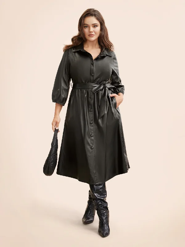 Plus size dresses with adjustable straps fit well -Trendy plus size dresses for young women -Shirt Collar PU Leather Belted Dress