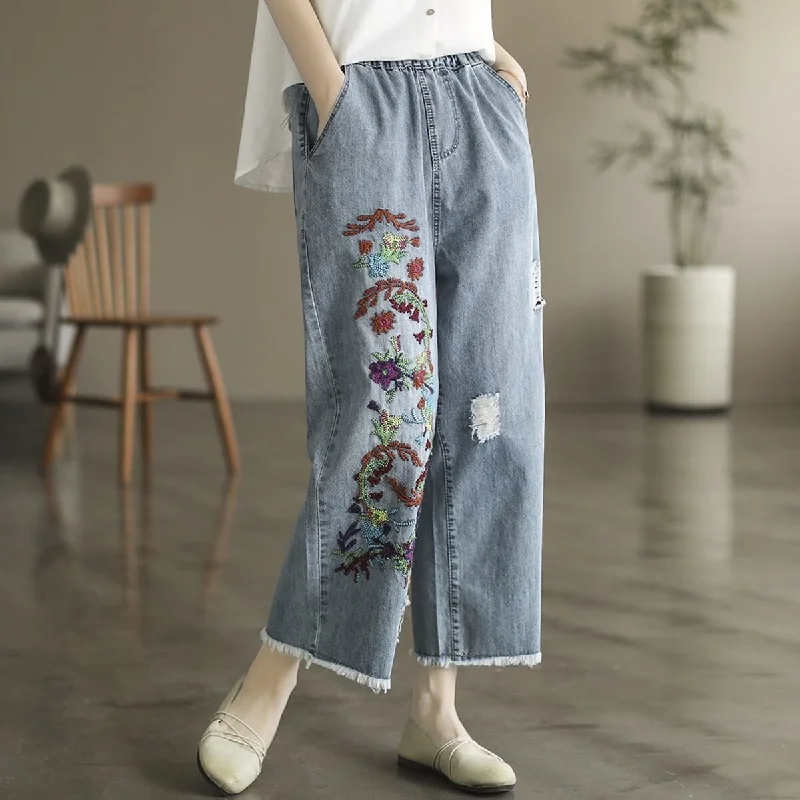 Fishing Jeans for Water -Babakud Women Autumn Art Floral Casual Denim Jeans Pants