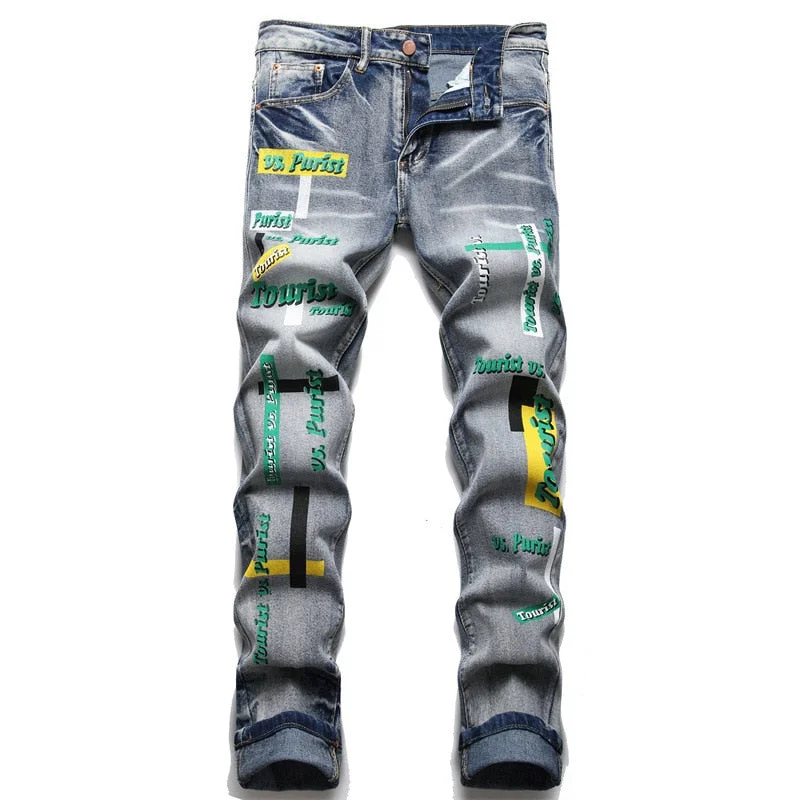 Camping Jeans for Wilderness -Vintage Men's Blue Letters Painted Slim Tapered Stretch Denim Jeans Pants