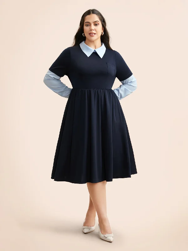 Plus size dresses featuring mesh overlays feel chic -Plus size dresses with sweetheart necklines for a flattering look -2-In-1 Shirt Collar Elastic Waist Dress