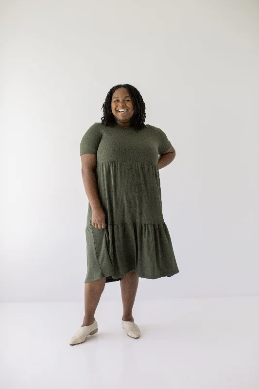 Plus size dresses for minimalist style stay clean -Plus size wrap dresses for a flattering silhouette -Plus 'Josie' Ribbed Tiered Midi Dress in Deep Olive