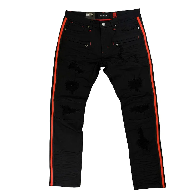 Leather Trim Jeans for Luxury -M1743 Makobi Majorca Denim Jeans - Black/Black