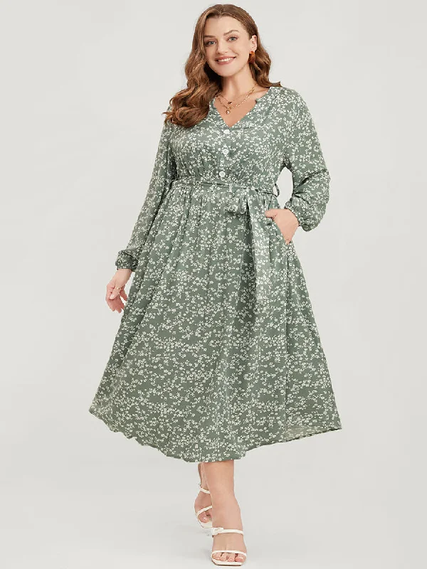 Plus size dresses with strong stitching last years -Plus size dresses for outdoor events -Ditsy Floral Lantern Sleeve Pocket Button Through Belted Midi Dress