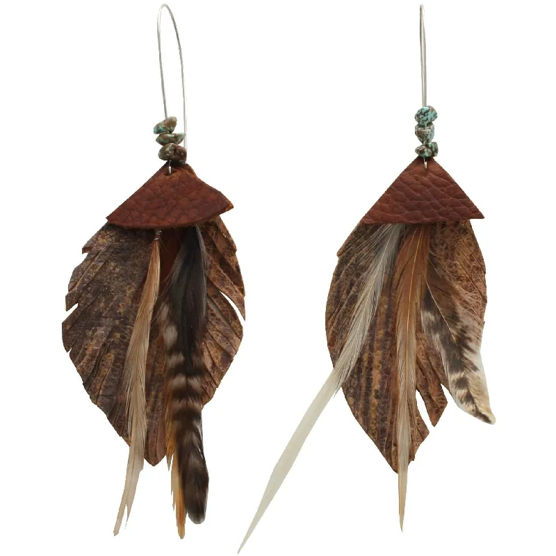 Floral Drop Earrings with Petals -J78 - Sterling Kidney Oak Tan Leather Feather Earrings