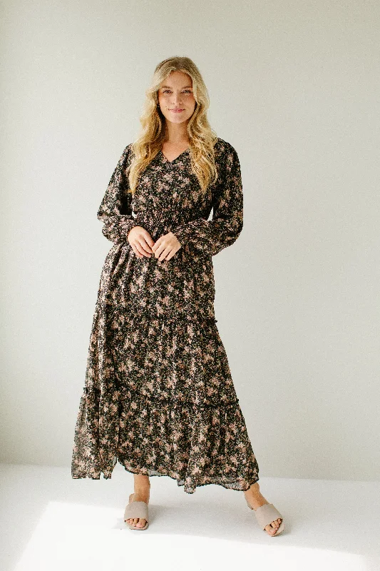 Plus size dresses for cold seasons warm up -Plus size dresses with bold patterns for a fun look -'Poetry' Vintage Floral Print Chiffon Maxi Dress in Black