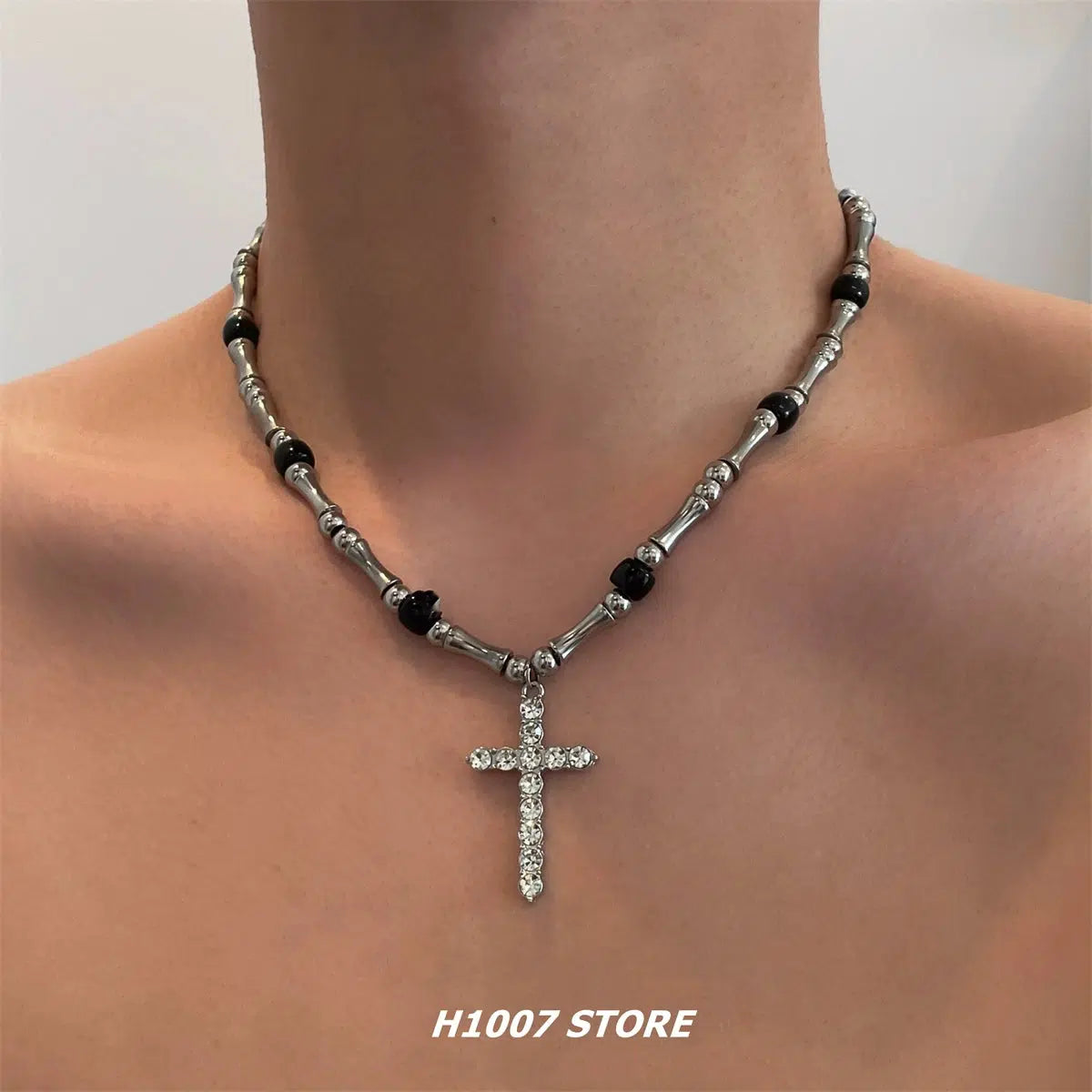 Beautiful necklaces and pendants with layered chains for a fashionable, chic look-Diamond Cross Bamboo Necklace