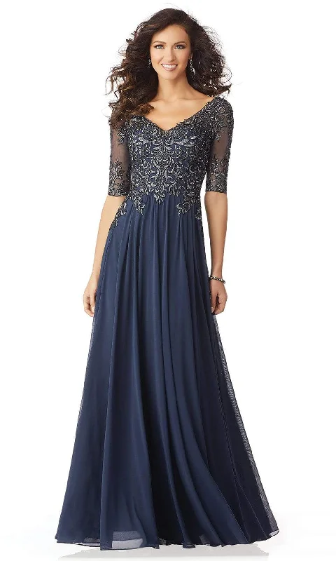 Plus size dresses with empire waists cinch nicely -Plus size dresses with floral patterns -MGNY By Mori Lee - 71805 Embroidered V-neck A-line Gown