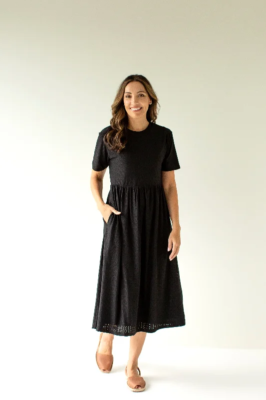 Plus size dresses for bridal parties glow elegantly -Plus size dresses with a lace overlay for vintage charm -'Tolkien' Knit Eyelet Midi Dress in Black