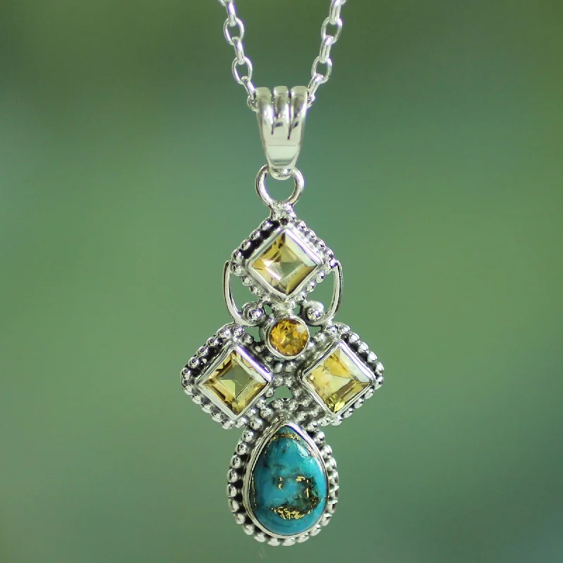 Unique necklaces and pendants with tree of life motifs for nature-inspired elegance-Geometric Illusions in Yellow Citrine and Composite Turquoise Sterling Silver Necklace