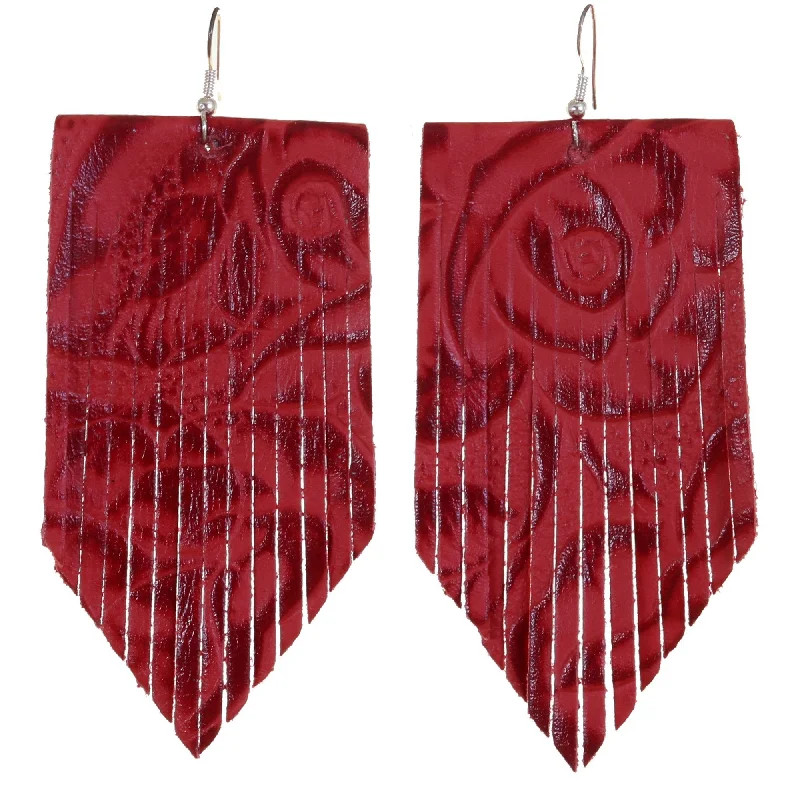 Drop Earrings with Wave Designs -VE48 - Vestige Red Rose Leather V Fringe Earrings