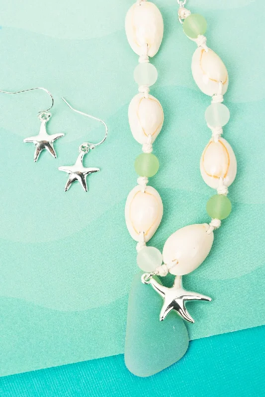 Drop Earrings for Bridesmaids Look -SALE! Mint Cowrie Beach Starfish Necklace and Earrings Set