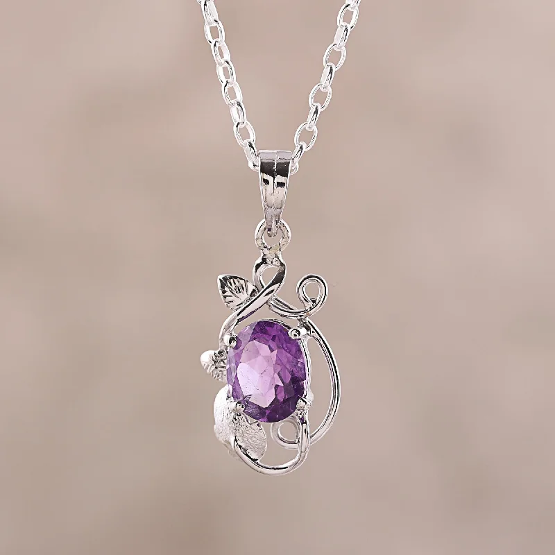 Best necklaces and pendants for everyday wear with minimalist designs-Lilac Dazzle Leafy Rhodium Plated Amethyst Pendant Necklace from India