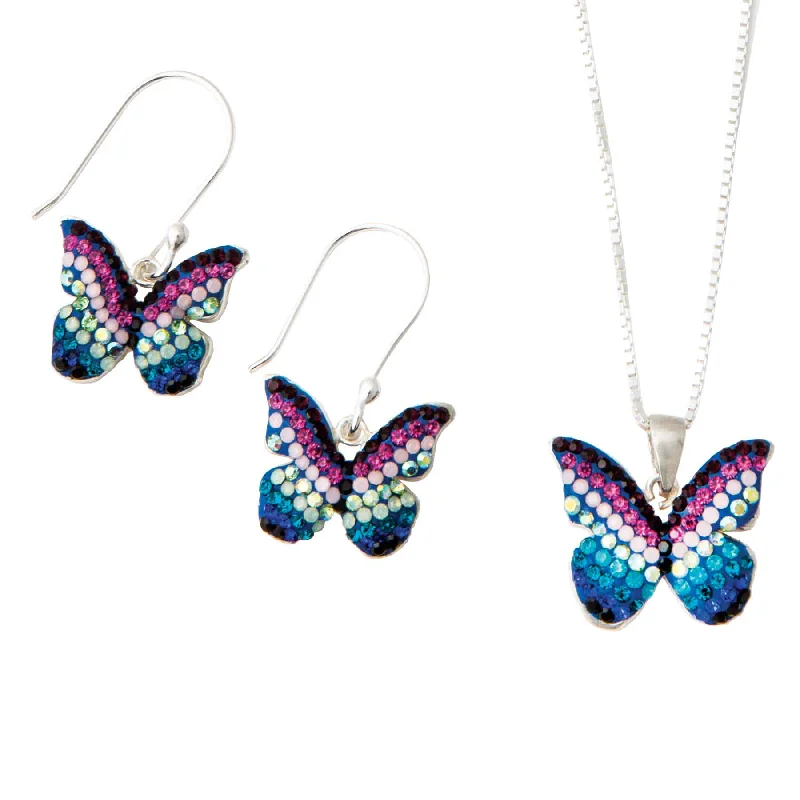 Studded Drop Earrings with Gemstones -Mosaic Butterfly Earrings and Necklace