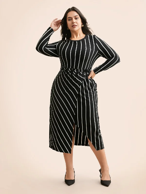 Plus size dresses with scalloped hems feel delicate -Plus size dresses for the holidays and festive occasions -Striped Twist Front Split Hem Dress