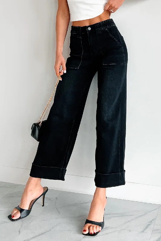 Back Pocket Jeans for Design -Graham Vervet High Rise Cuffed Wide Leg Jeans (Black)