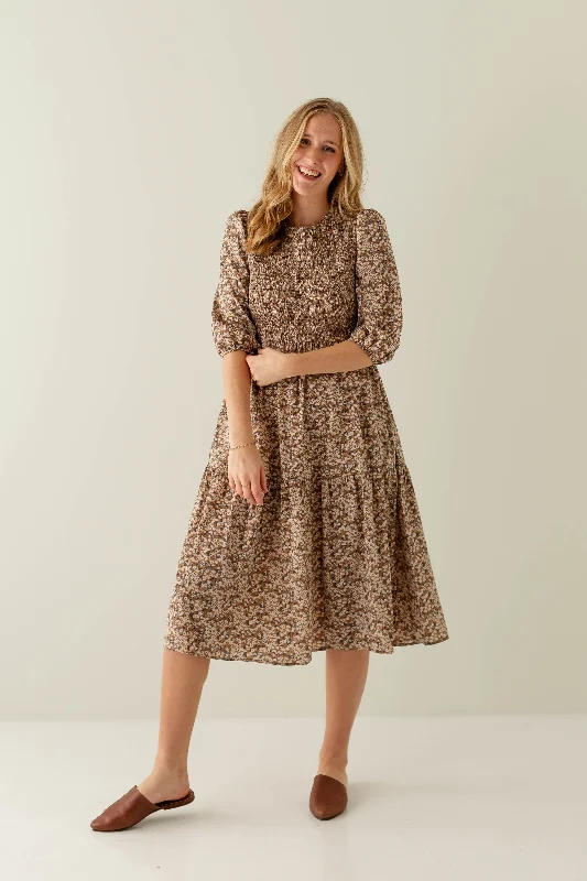 Plus size dresses with flowing skirts move freely -Plus size dresses with high-low hems for variety -'Felicity' Smocked Bodice Floral Midi Dress in Taupe