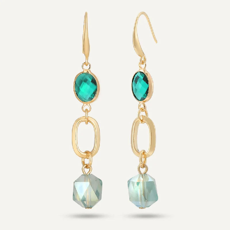 Drop Earrings for Anniversary -Green Crystal Drop Earrings In Gold-Tone