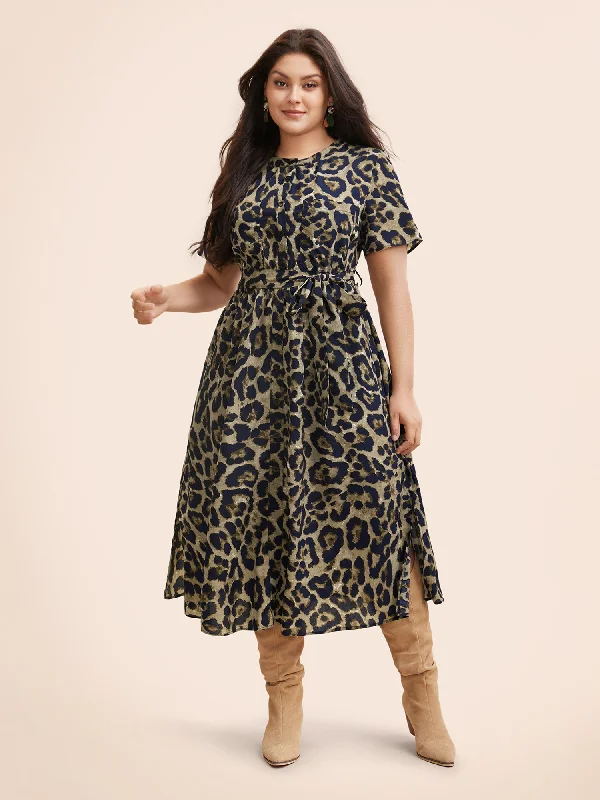 Affordable plus size dresses for casual days stay chic -Plus size dresses with cap sleeves for modest style -Leopard Print Slit Hem Belted Dress