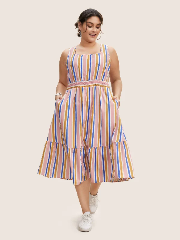 Plus size dresses with durable weaves endure wear -Plus size dresses with geometric patterns for a modern look -Contrast Striped Shirred Ruffle Hem Midi Dress