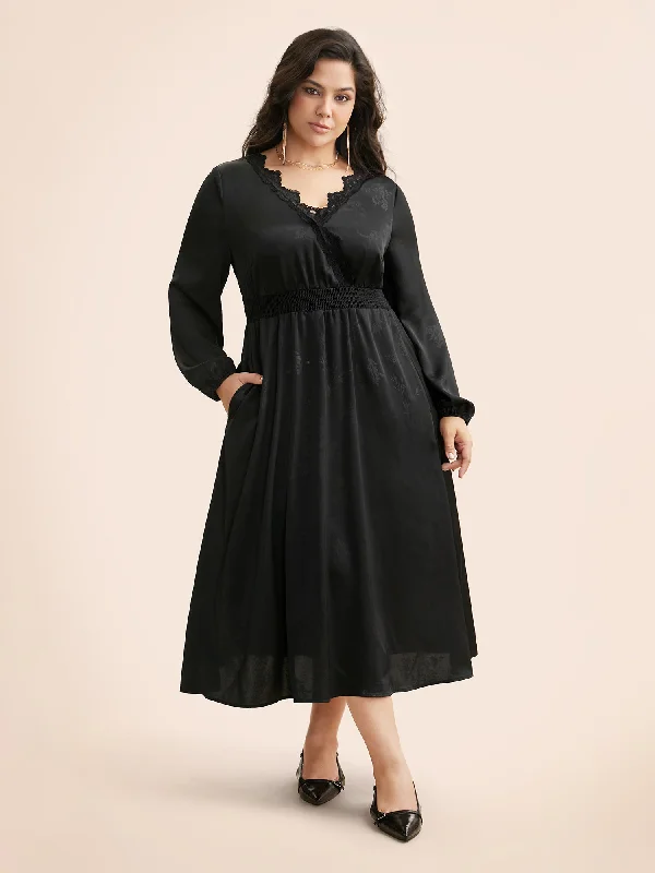 Plus size dresses for autumn days feel cozy -Plus size dresses with sequins for evening glamour -Overlap Collar Textured Shirred Lace Trim Dress