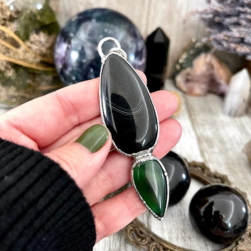 Necklaces and pendants with celestial starburst designs for a radiant look-Crystal Teardrop Black Agate and Green Agate Necklace  / Gothic Jewelry