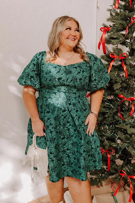 Plus size dresses featuring mesh overlays feel chic -Plus size dresses with sweetheart necklines for a flattering look -Holiday Happiness Jacquard Mini Dress in Hunter Green Curves