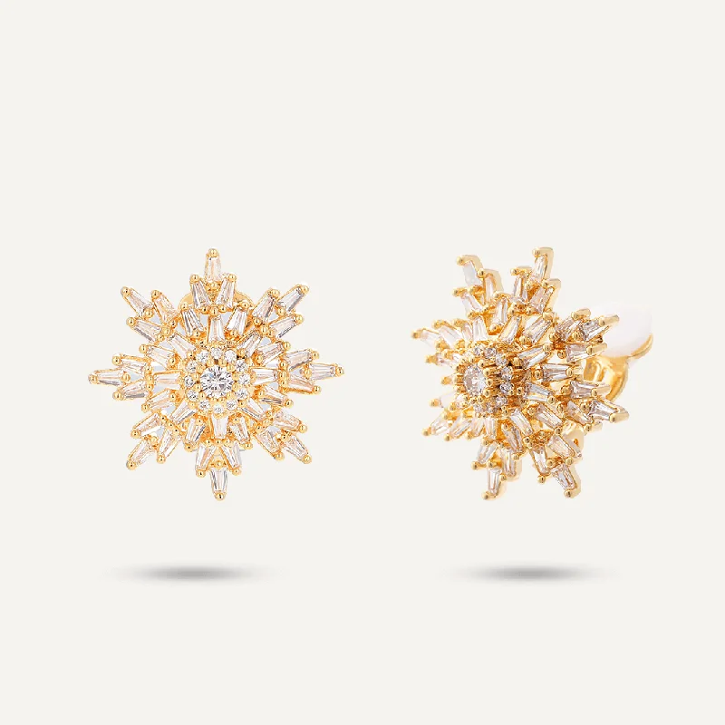 Long Drop Earrings for Dramatic -Snowflake Cubic Zirconia Clip On Earrings In Gold-Tone