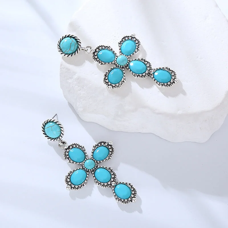 Long Drop Earrings for Dramatic -Wholesale Bohemian Retro Ethnic Style Alloy Turquoise Cross Earrings