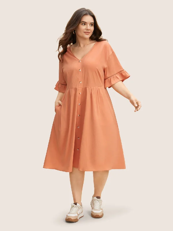 Plus size dresses for winter layer warmly -Elegant plus size dresses with beadwork for formal events -Solid Button Detail Cut Out Ruffle Sleeve Dress