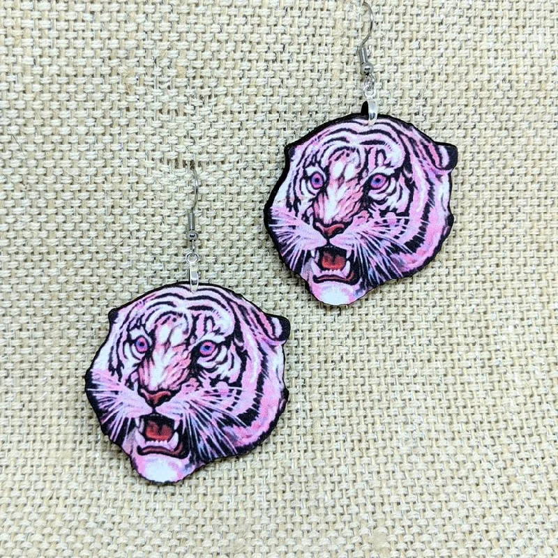 Push Back Drop Earrings for Convenience -Pink Tiger Dangling Earrings | Handmade | Lightweight Wood