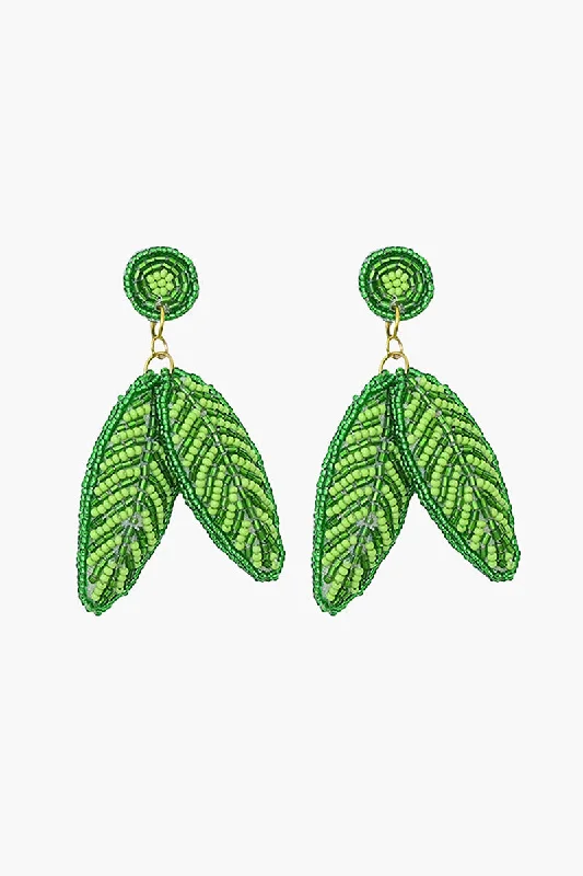 Drop Earrings with Symbolic Elements -Green Beaded Leaf Drop Earrings