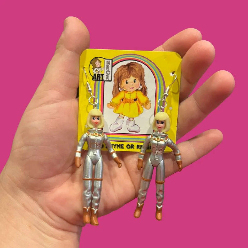 Drop Earrings with Debossed Designs -Astronaut Barbie Earrings | Poseable Doll Dangle Fashion Jewelry